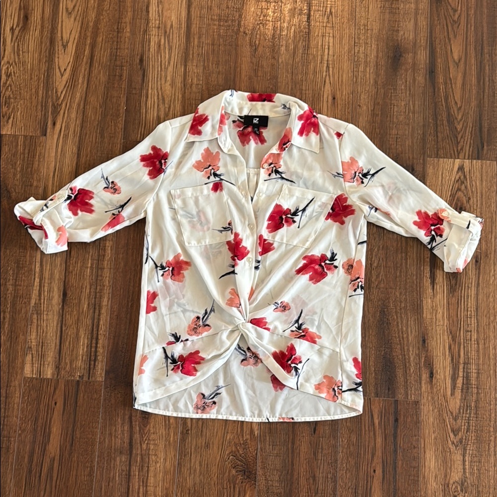 Iz Byer White and Cream Button Down Shirt with Tie Front and Notched Collar